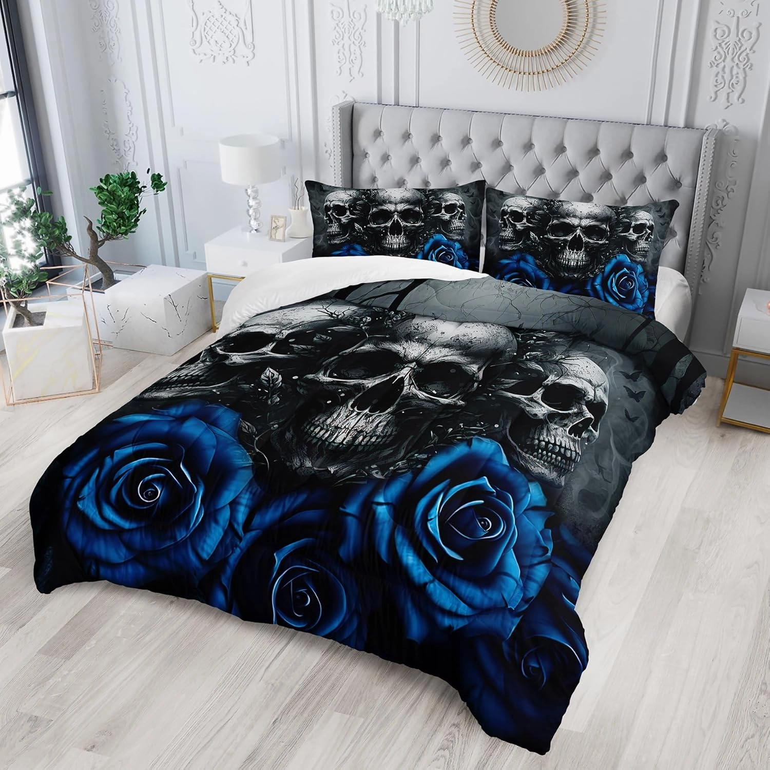 Skull Bedding Set Full Size - Gothic Bedding with Skull & Rose Comforter, Blue & Black Quilt