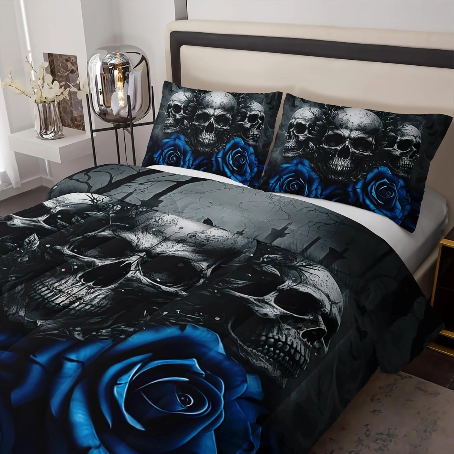 Skull Bedding Set Full Size - Gothic Bedding with Skull & Rose Comforter, Blue & Black Quilt