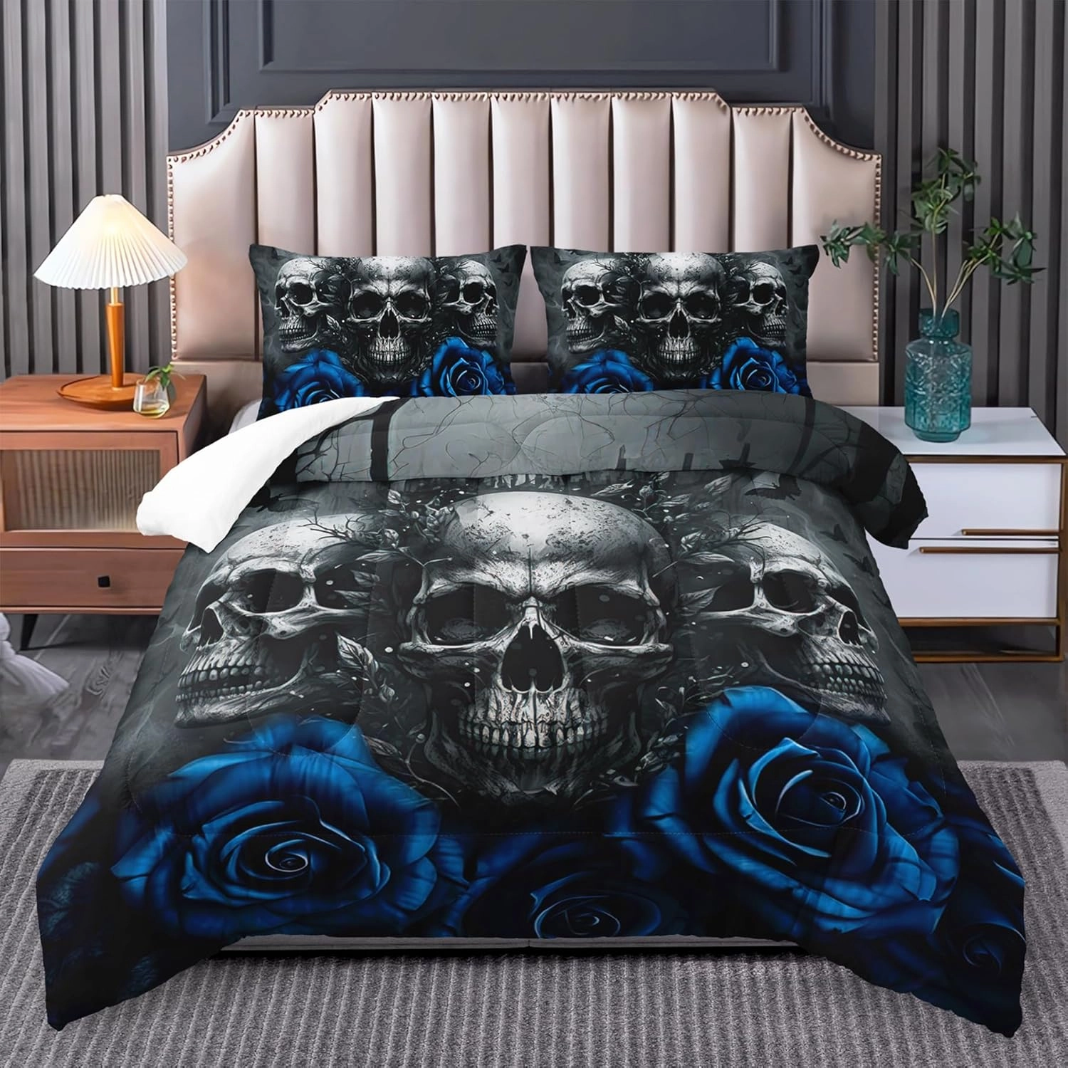 Skull Bedding Set Full Size - Gothic Bedding with Skull & Rose Comforter, Blue & Black Quilt