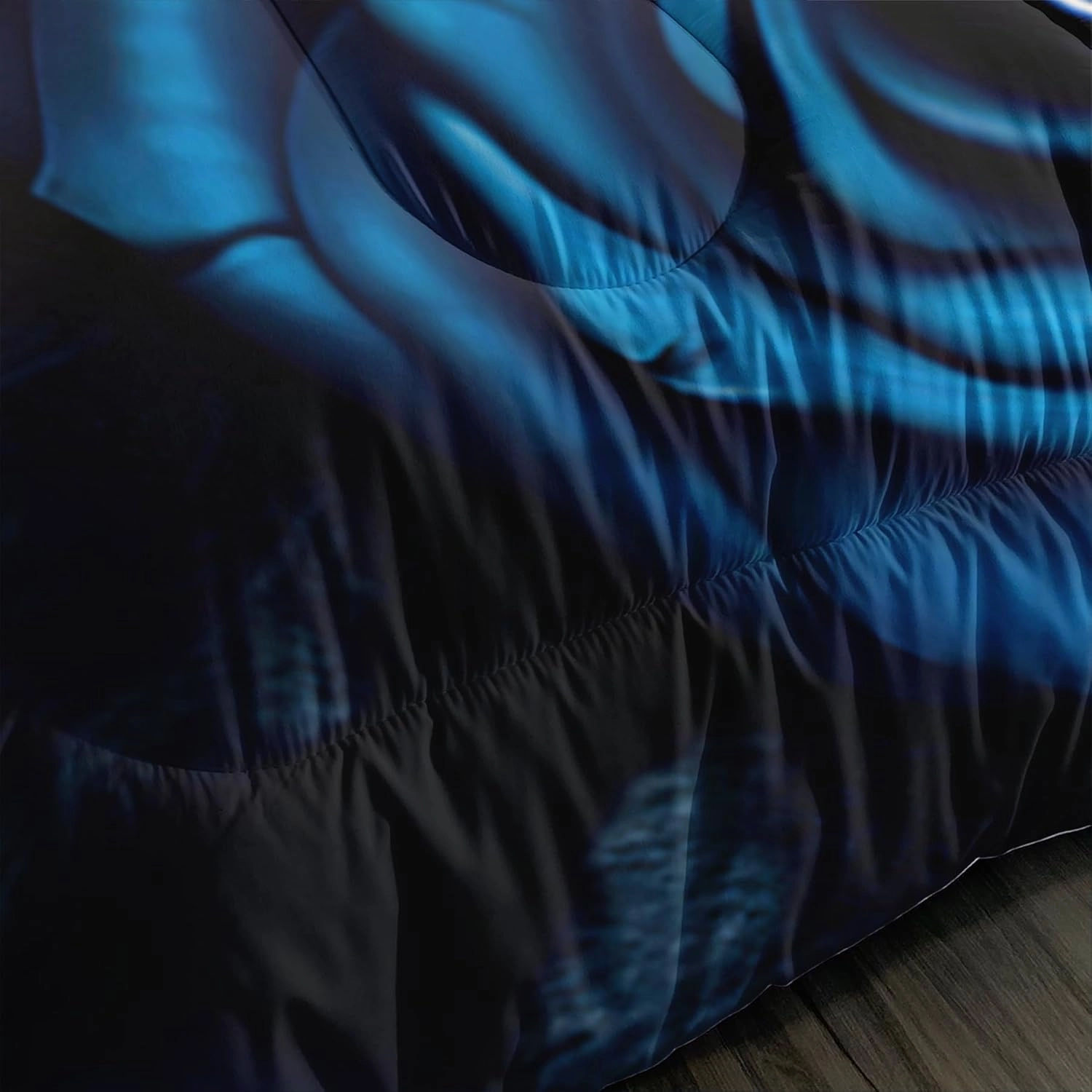 Skull Bedding Set Full Size - Gothic Bedding with Skull & Rose Comforter, Blue & Black Quilt