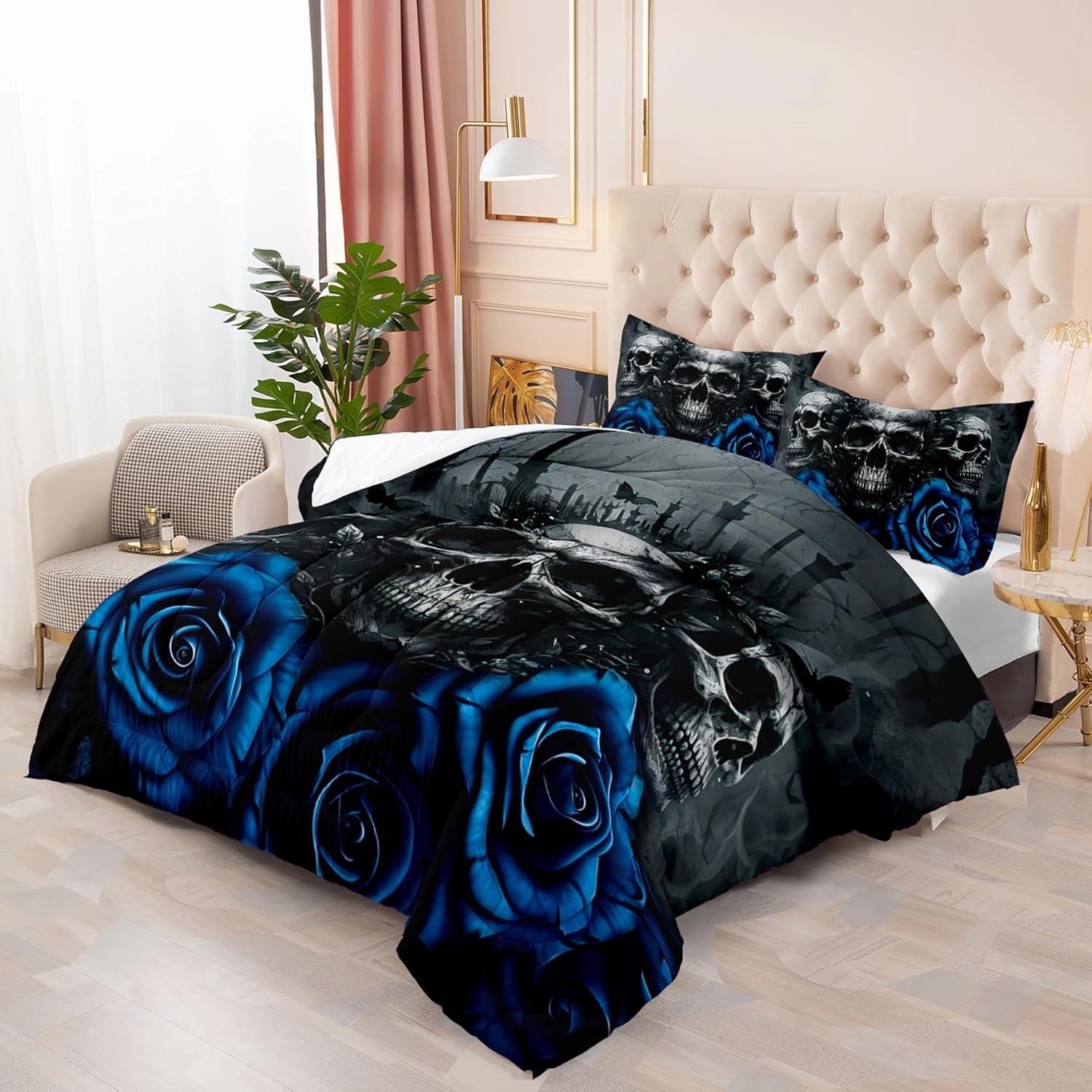Skull Bedding Set Full Size - Gothic Bedding with Skull & Rose Comforter, Blue & Black Quilt