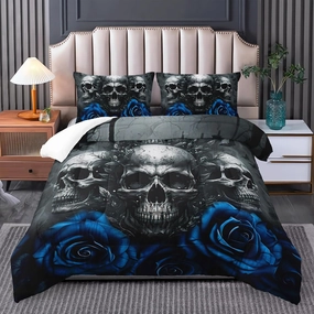 Skull Bedding Set Full Size - Gothic Bedding with Skull & Rose Comforter, Blue & Black Quilt