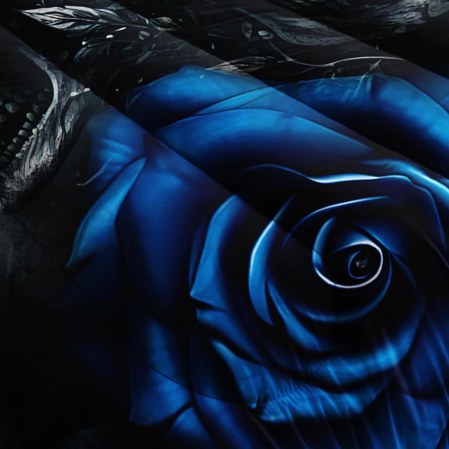 Skull Bedding Set Full Size - Gothic Bedding with Skull & Rose Comforter, Blue & Black Quilt
