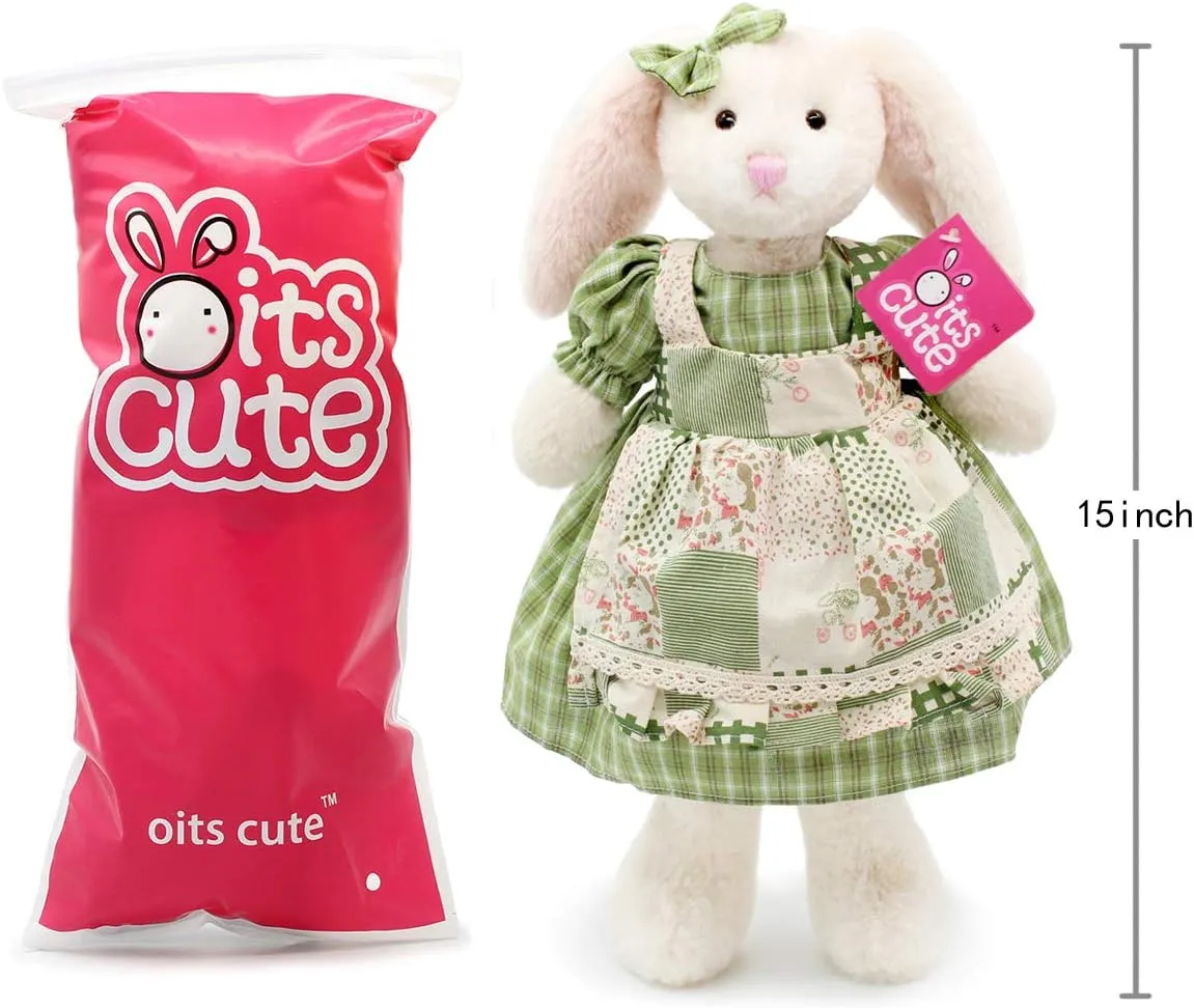 Small Soft Stuffed Animal Bunny Rabbit Plush Toy for Baby Girls 15inch (White Rabbit Wearing Green Plaid Dress)