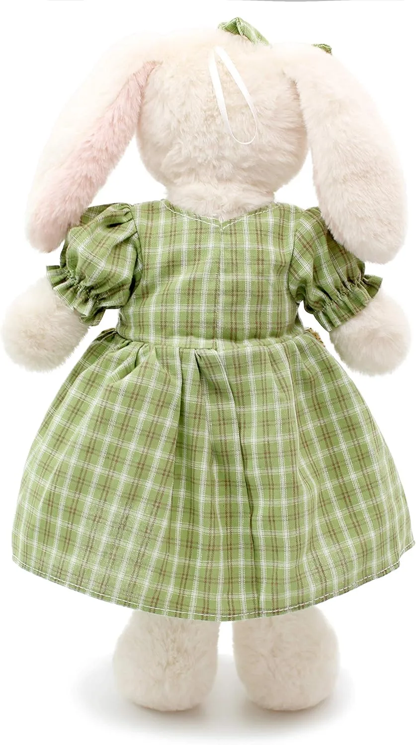 Small Soft Stuffed Animal Bunny Rabbit Plush Toy for Baby Girls 15inch (White Rabbit Wearing Green Plaid Dress)