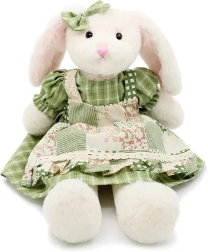 Small Soft Stuffed Animal Bunny Rabbit Plush Toy for Baby Girls 15inch (White Rabbit Wearing Green Plaid Dress)