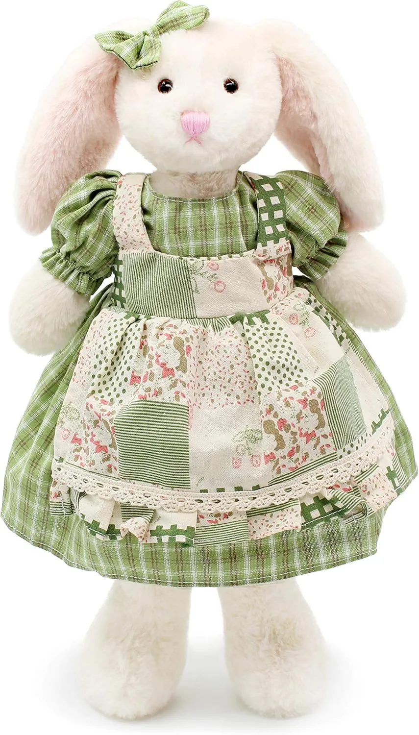 Small Soft Stuffed Animal Bunny Rabbit Plush Toy for Baby Girls 15inch (White Rabbit Wearing Green Plaid Dress)