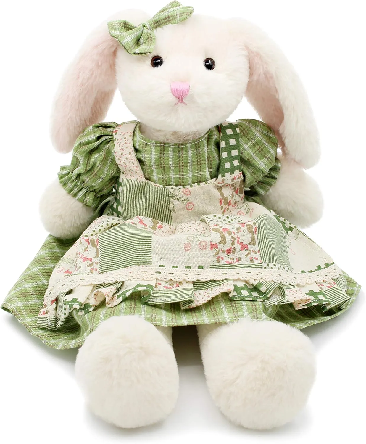 Small Soft Stuffed Animal Bunny Rabbit Plush Toy for Baby Girls 15inch (White Rabbit Wearing Green Plaid Dress)