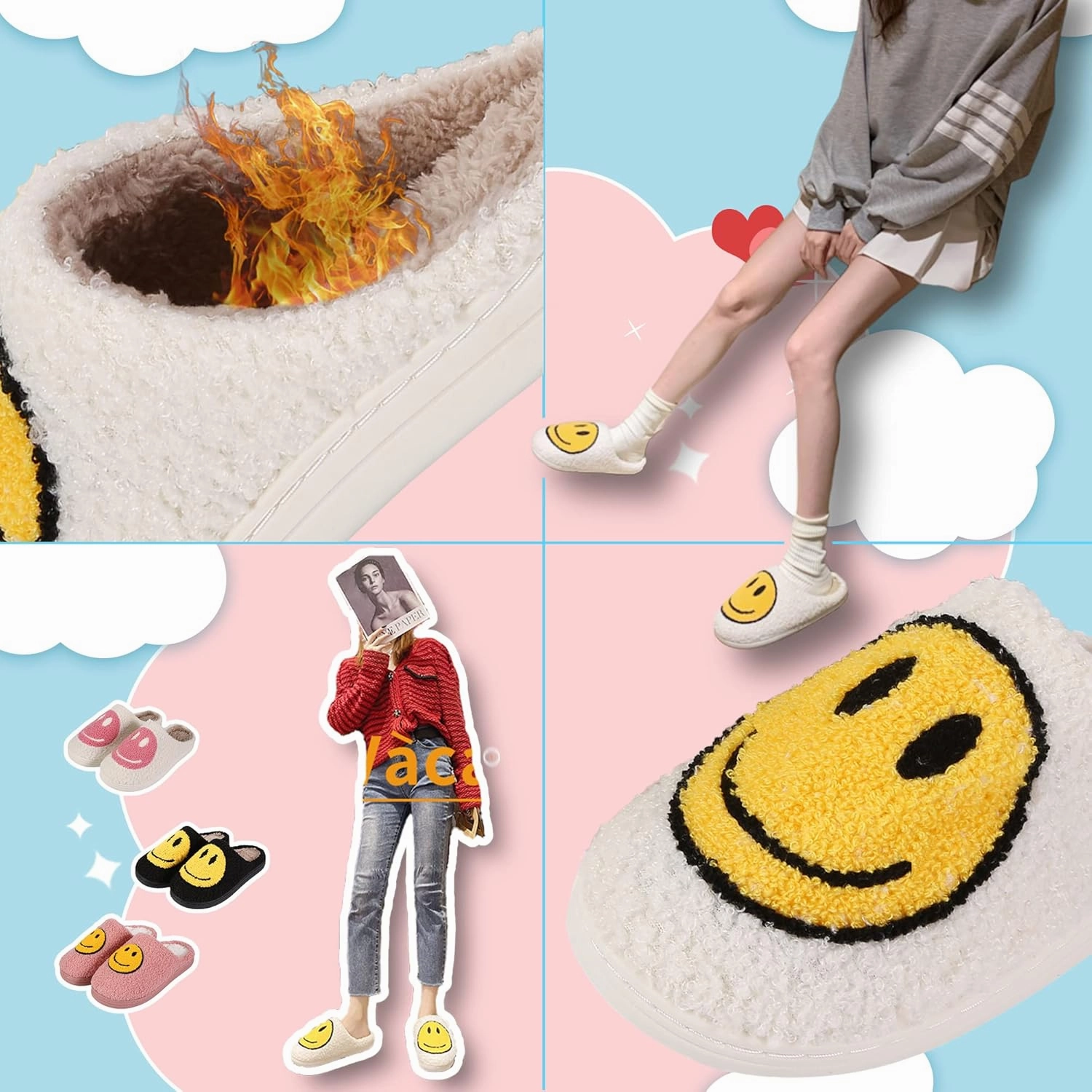 Smile Face Slippers For Women Men, Retro Soft Plush Lightweight Cute Happy Face House Slides, Cozy Fluffy Warm Home Cloud Slippers Slip-On Fleece Shoes Non-Slip Indoor Outdoor