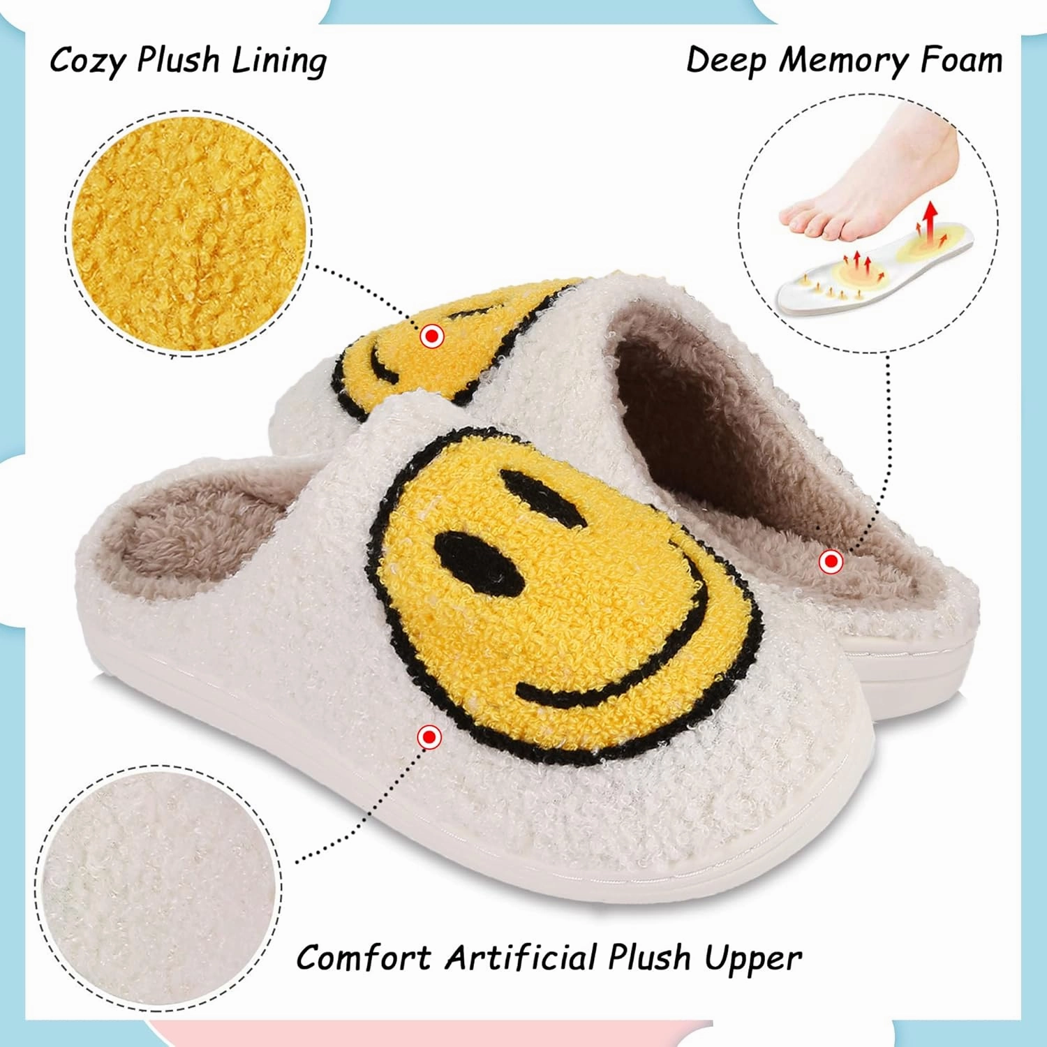 Smile Face Slippers For Women Men, Retro Soft Plush Lightweight Cute Happy Face House Slides, Cozy Fluffy Warm Home Cloud Slippers Slip-On Fleece Shoes Non-Slip Indoor Outdoor