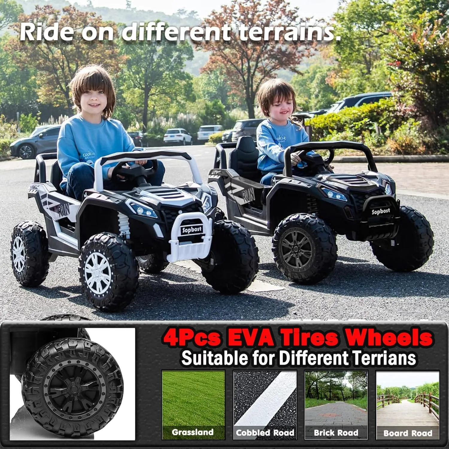 Sopbost 24V Electric Car Side by Side UTV, Ride On Toy With Remote Control, 4WD Truck 4 Wheeler, Battery Powered Vehicle With EVA Tires, Rear Shock Suspension, Black