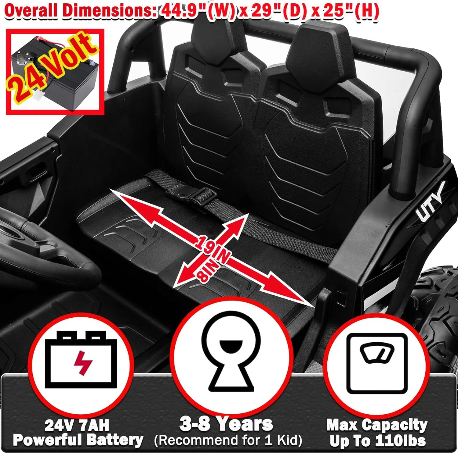 Sopbost 24V Electric Car Side by Side UTV, Ride On Toy With Remote Control, 4WD Truck 4 Wheeler, Battery Powered Vehicle With EVA Tires, Rear Shock Suspension, Black