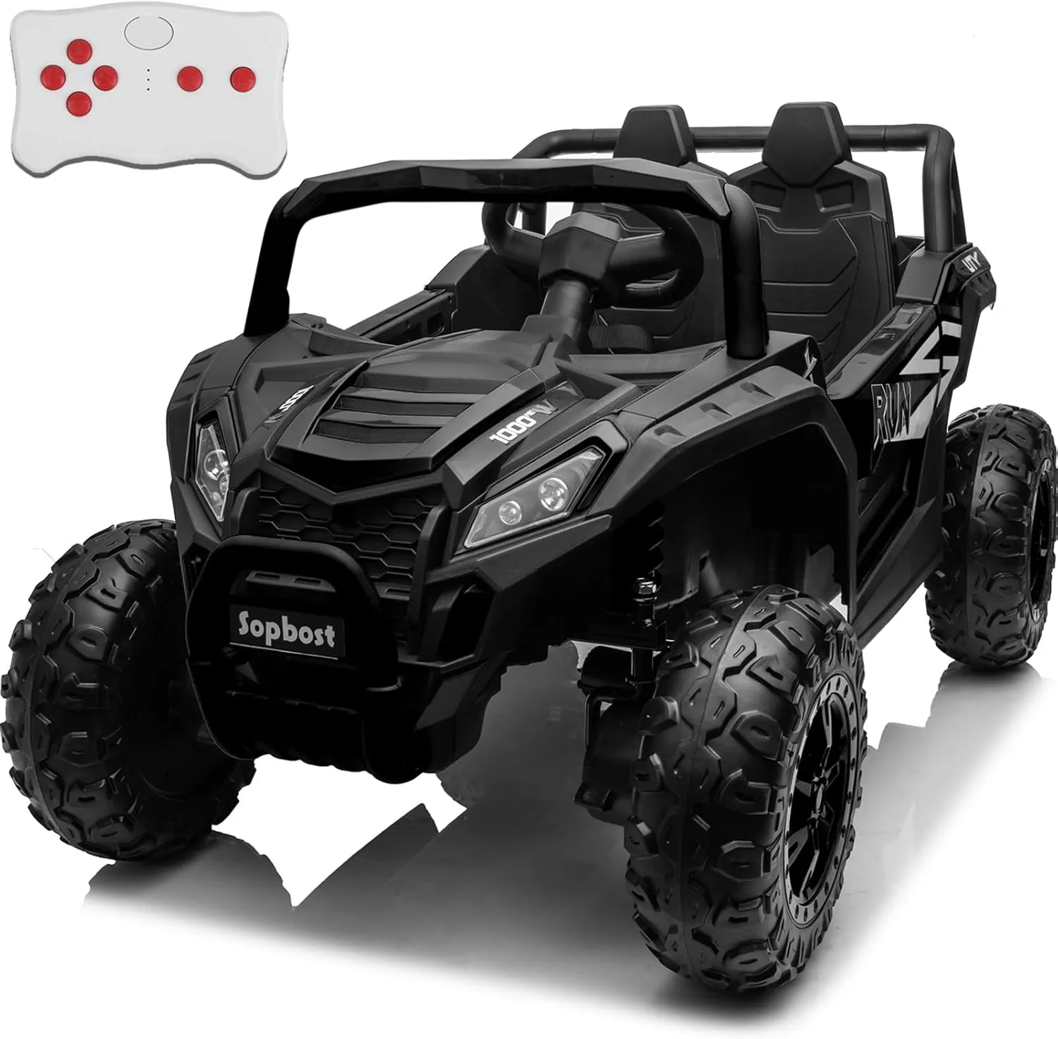 Sopbost 24V Electric Car Side by Side UTV, Ride On Toy With Remote Control, 4WD Truck 4 Wheeler, Battery Powered Vehicle With EVA Tires, Rear Shock Suspension, Black