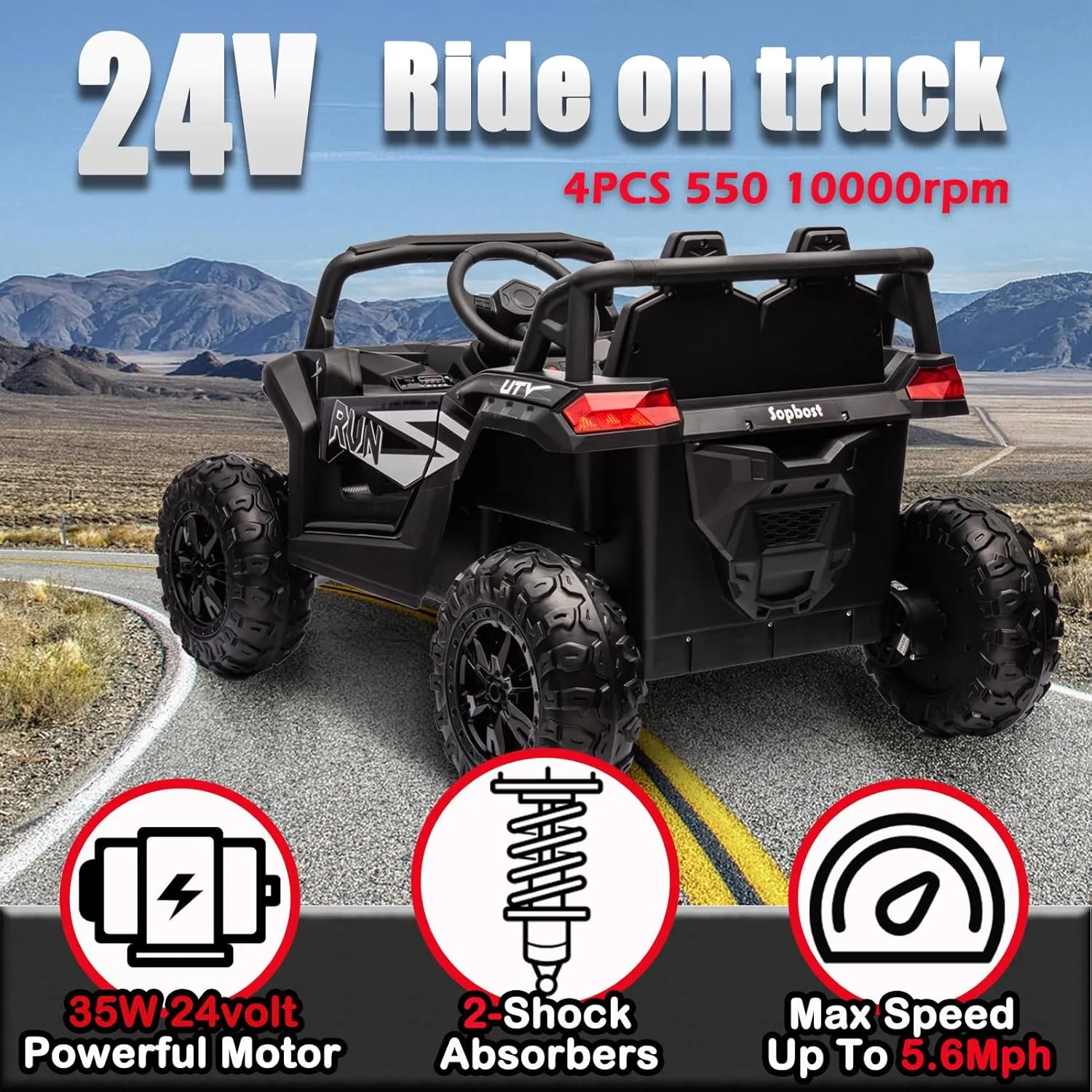 Sopbost 24V Electric Car Side by Side UTV, Ride On Toy With Remote Control, 4WD Truck 4 Wheeler, Battery Powered Vehicle With EVA Tires, Rear Shock Suspension, Black