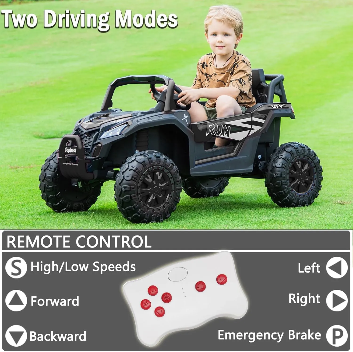 Sopbost 24V Electric Car Side by Side UTV, Ride On Toy With Remote Control, 4WD Truck 4 Wheeler, Battery Powered Vehicle With EVA Tires, Rear Shock Suspension, Black