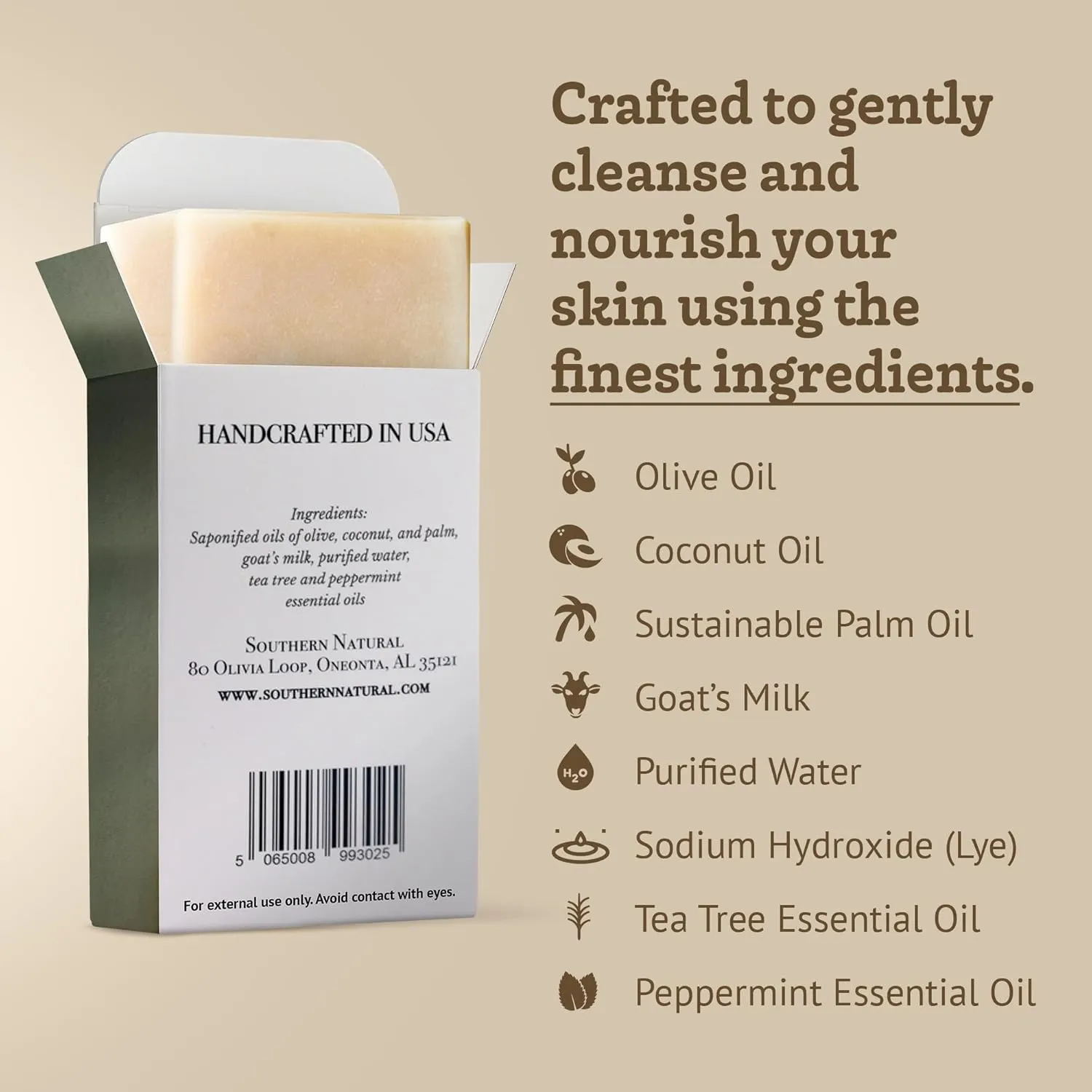 Southern Natural Goat Milk Soap Bar (3 Pack - Tea Tree Peppermint) For Dry, Sensitive Skin. Natural Handmade Soap For Men, Women and Kids. Great For Face & Body.