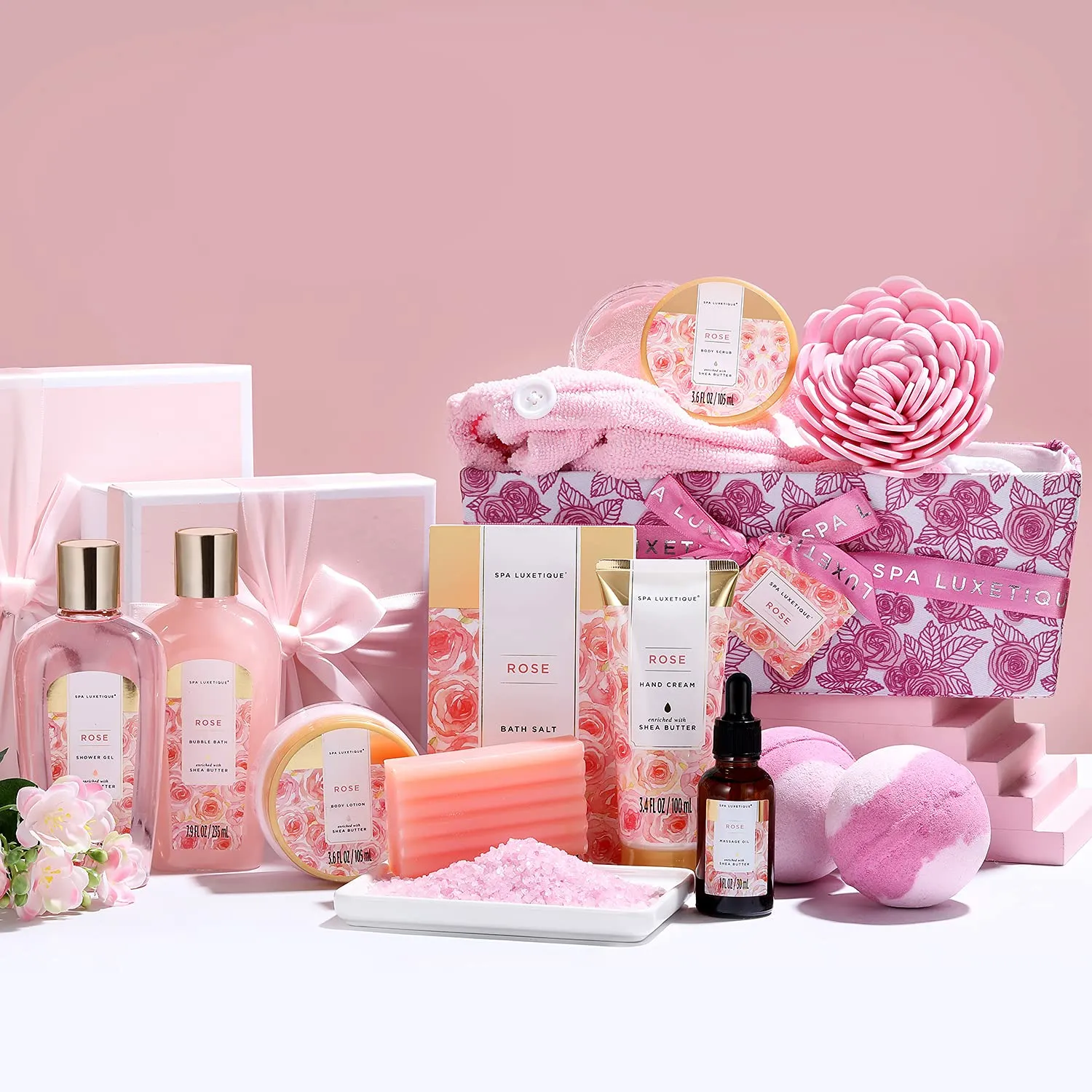 Spa Gift Baskets for Women, Spa Luxetique Bath Set, 12 Pcs Rose Gifts Set with Bu