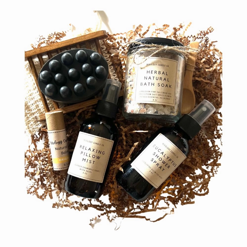 Spa Set, Natural Self-Care Essentials, Relaxing Gift Sets for Her,Gifts for Women, herbal natural bath soak, natural lip balm,relaxing pillow mist, Eucalyptus shower spray, Charcoal Soap Bar