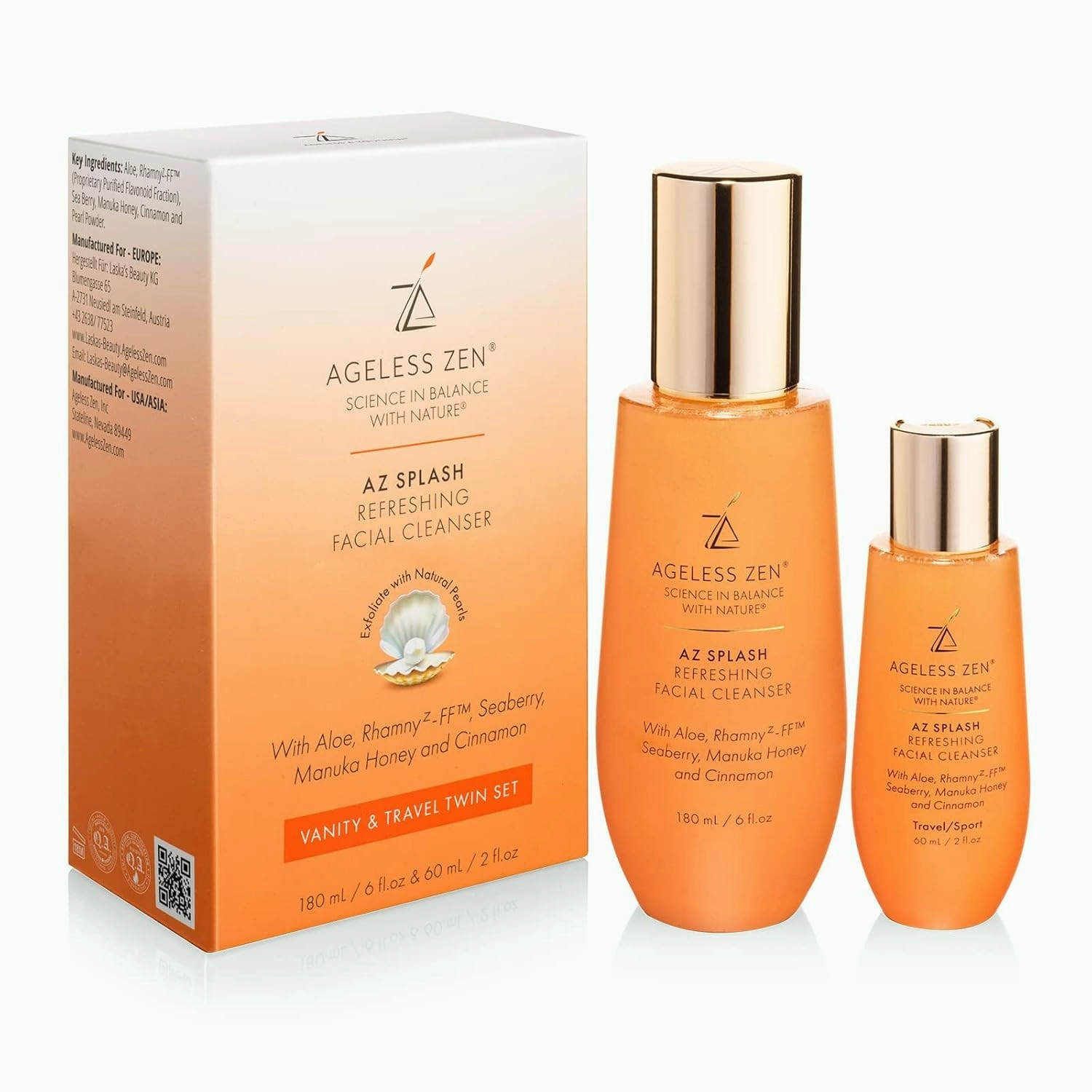 Splash Face Cleanser Set (180 Ml 60 Ml) Travel Size - Honey Cleanser & Pearl Powder - Hydrates Skin- Balances Ph- Enhances Glow - Age Defying Cleanser for Youthful- Radiant Complexion