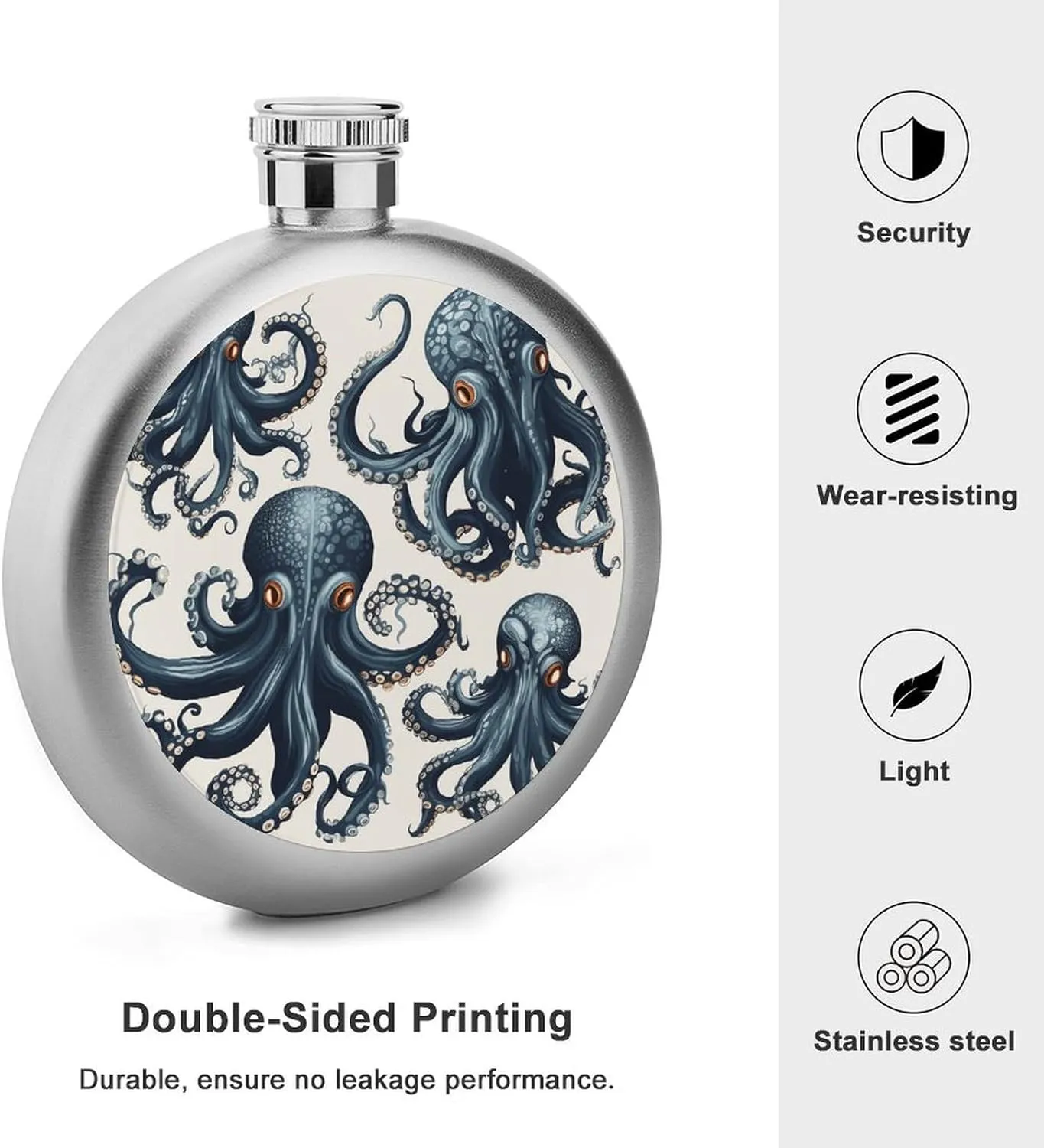 Stainless Steel Wine Bottle Liquor Container Octopus Pattern Print Leak Proof Hip Flask Durable for Camping Hiking Travel Festivals