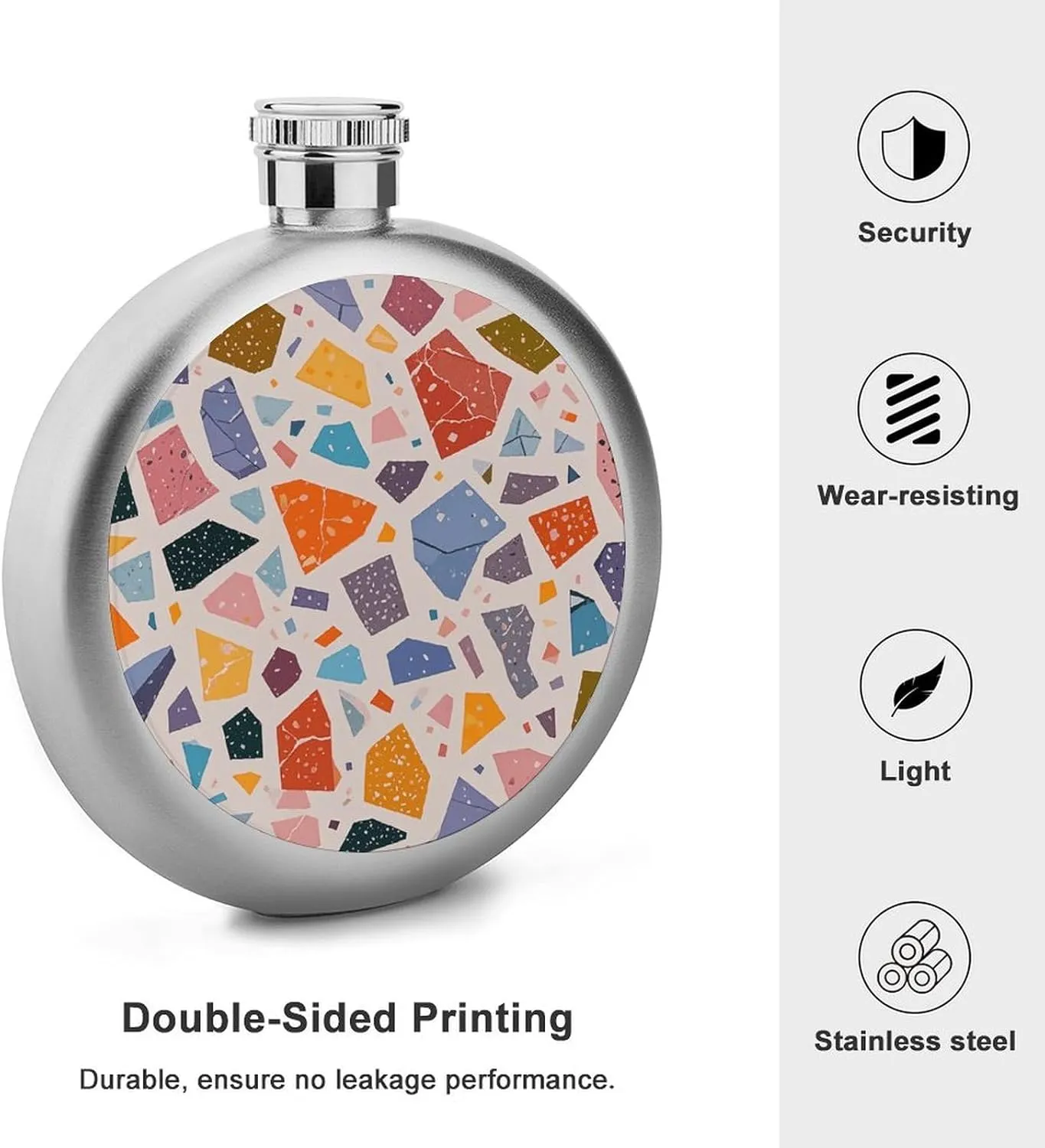 Stainless Steel Wine Bottle Liquor Container Terrazzo Marble Pastel Print Leak Proof Hip Flask Durable for Camping Hiking Travel Festivals