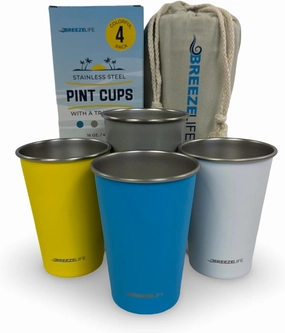 Stainless Steel Metal Cup Drinking Tumblers, Stackable, Shatterproof, Great for Camping, Outdoor Picnic, Festivals, BBQ Tailgating, 4-Pack, Blue, Gray, Yellow, White.