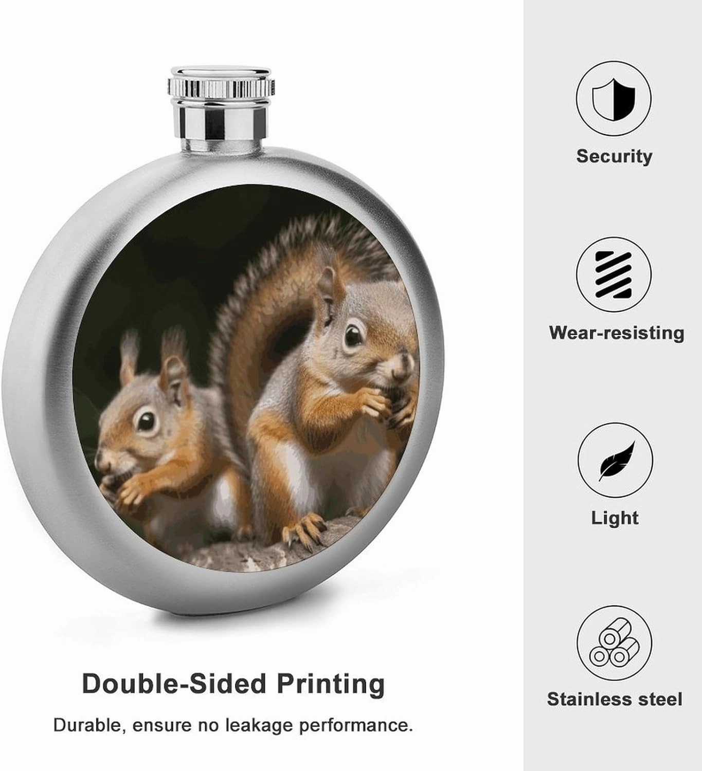 Stainless Steel Wine Bottle Liquor Container Squirrel Animal Print Leak Proof Hip Flask Durable for Camping Hiking Travel Festivals