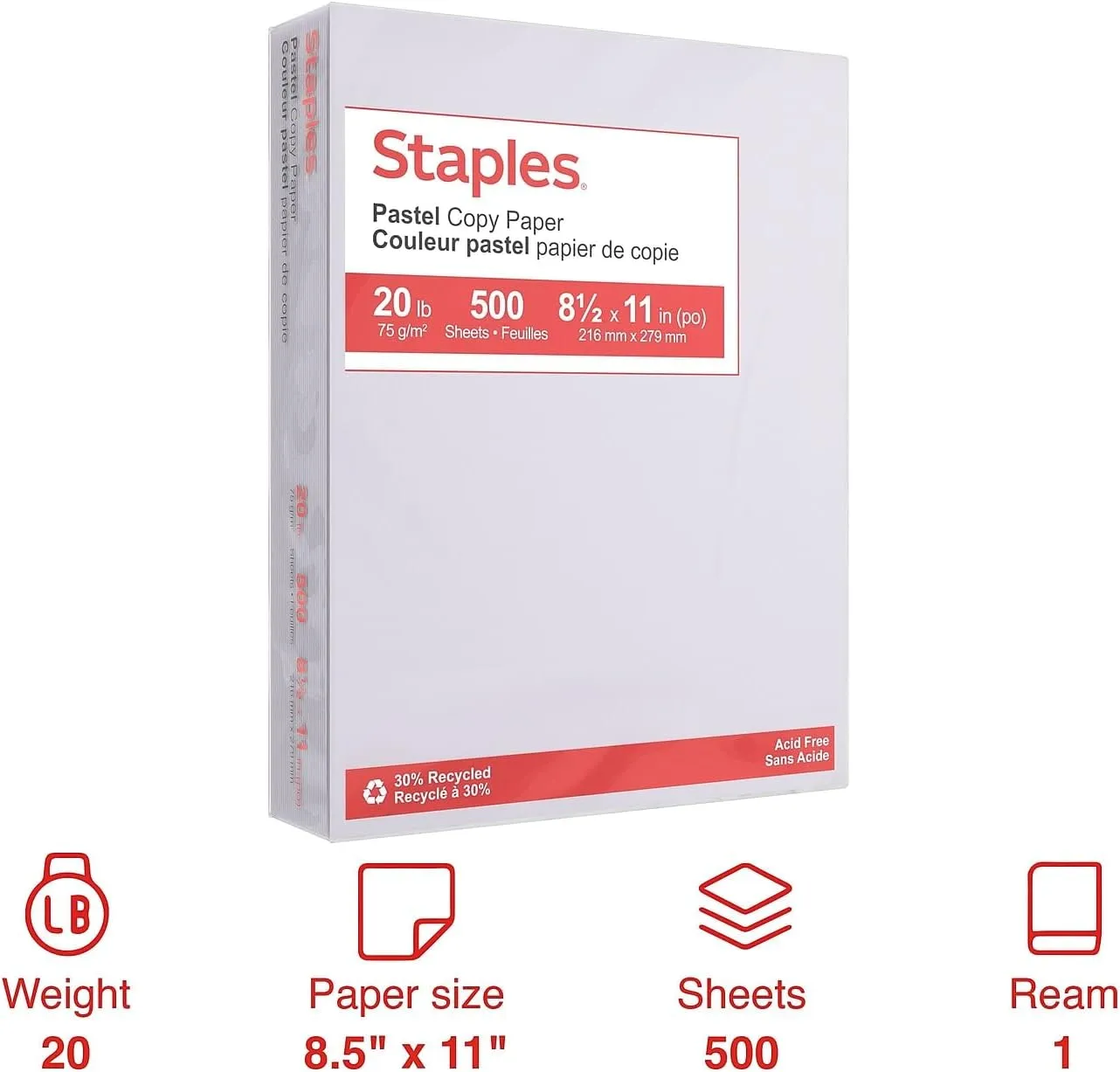 Staples Pastel 30% Recycled Color Copy Paper, 20 lbs., 8.5" x 11", Gray, 500/Ream (14785)