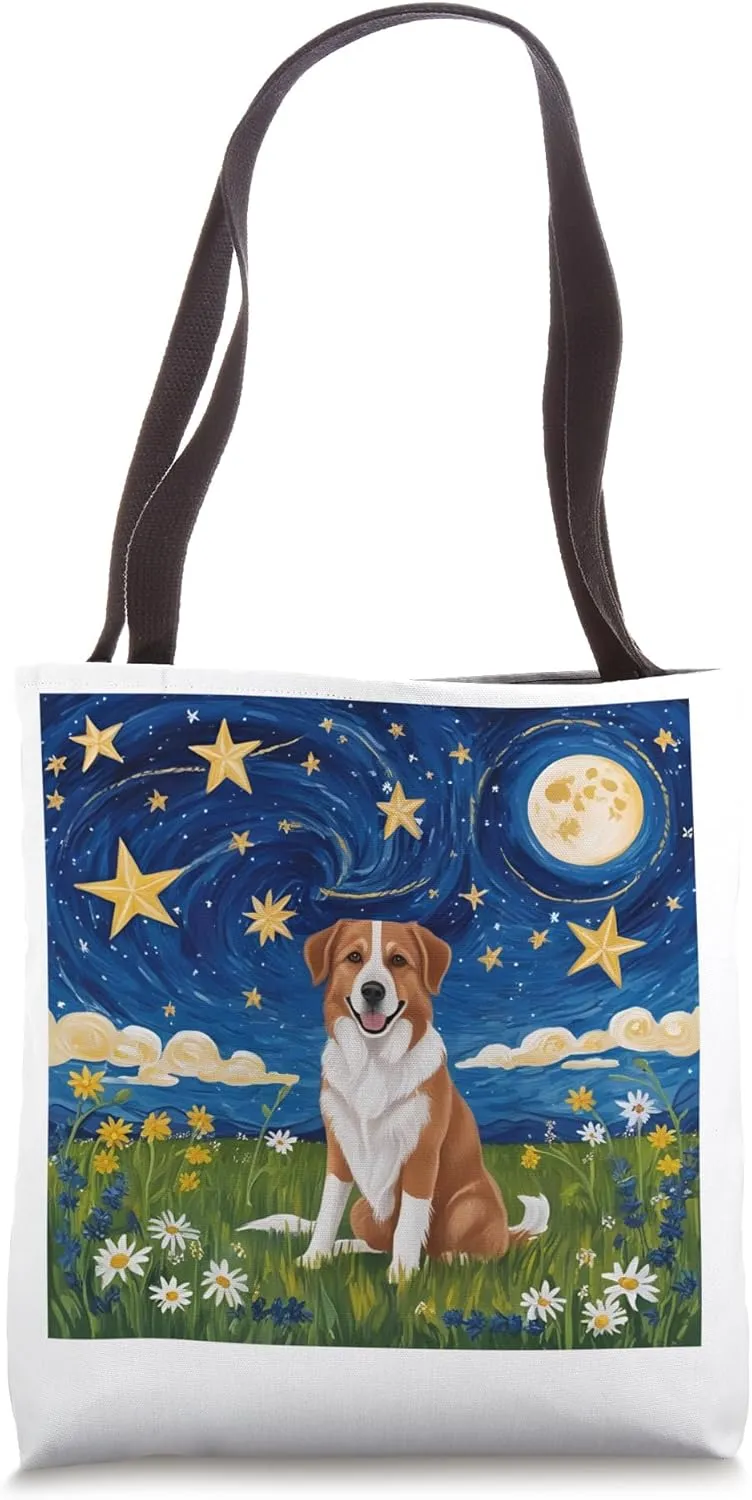Starry Night Dog, Meadow Landscape, Celestial Art Tote Bag