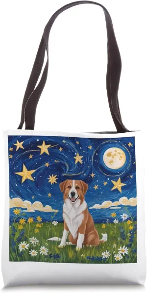 Starry Night Dog, Meadow Landscape, Celestial Art Tote Bag