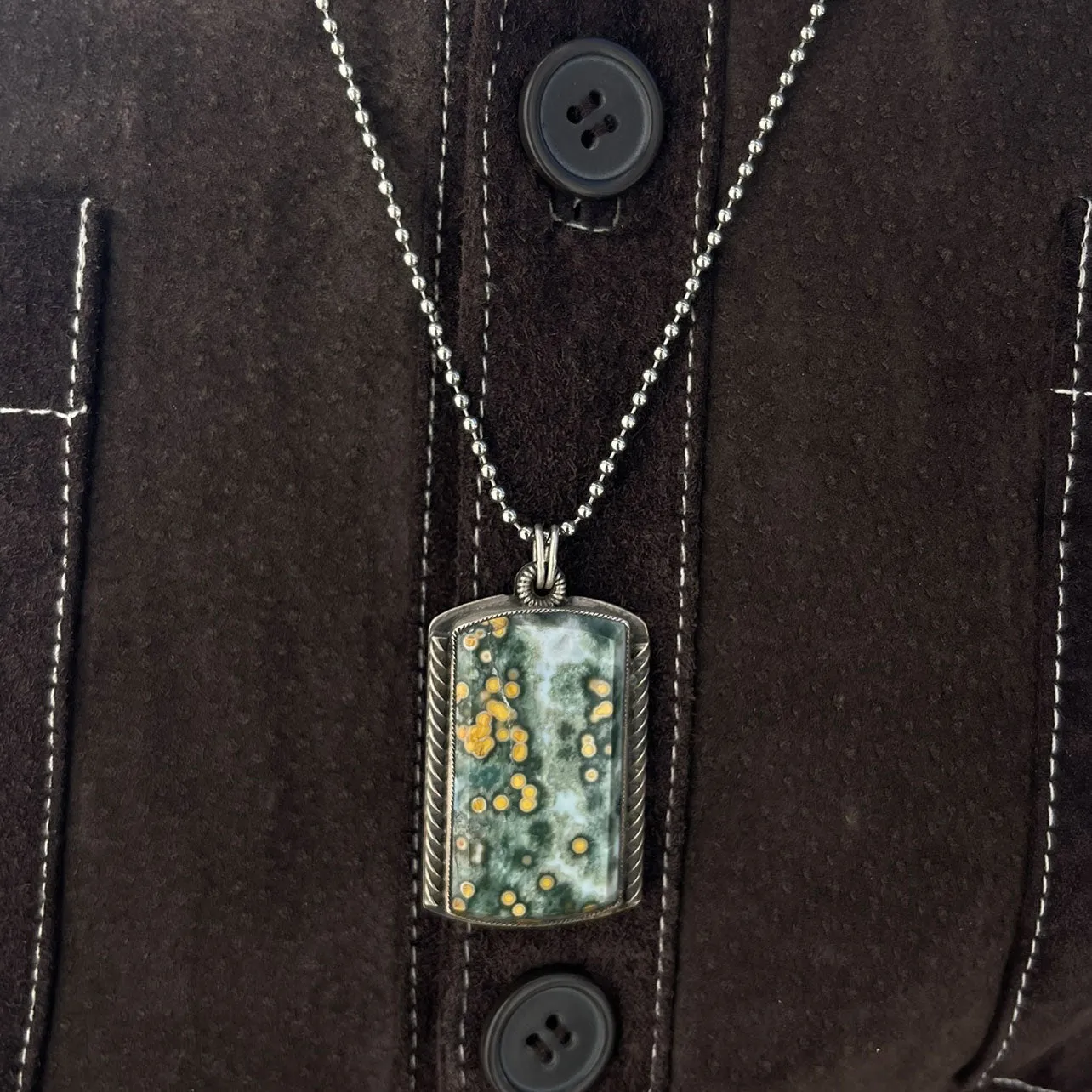 Sterling Silver Men's Ocean Jasper Dog Tag Pendant
