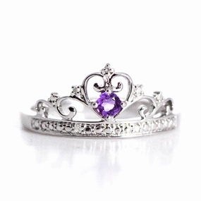 Sterling Silver Genuine Amethyst and Diamond Princess Crown Ring