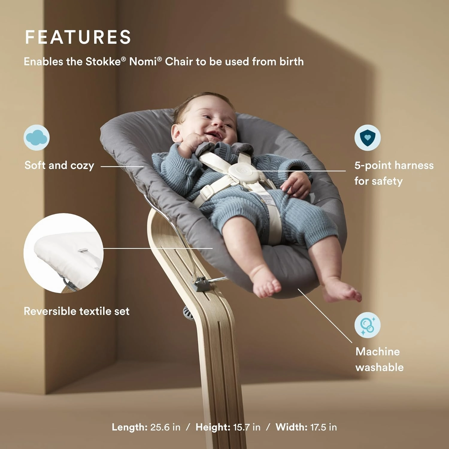 Stokke Nomi Newborn Set, Grey/Grey Sand - Includes 5-Point Safety Harness & Reversibile, Washable Textile Set - Fits All Stokke Nomi Chairs