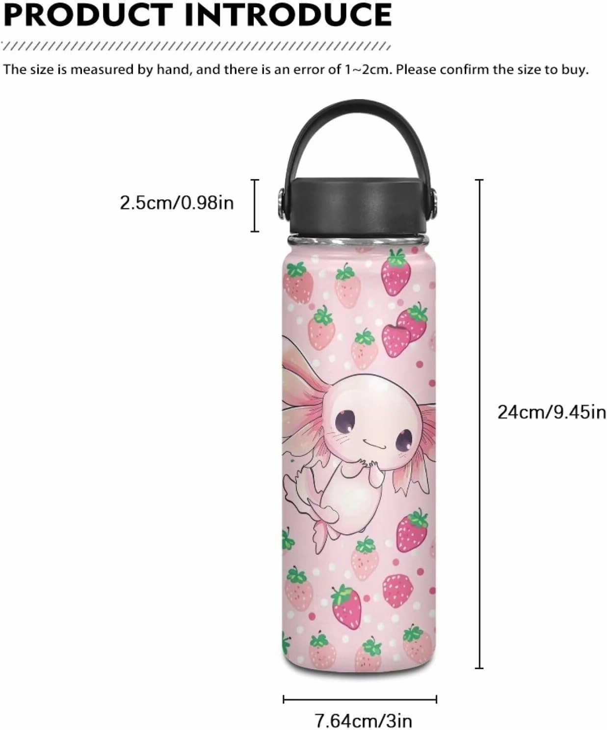 Strawberry Axolotl Insulated Water Bottle for Kids 18 OZ Stainless Steel Water Bottles Reusable Tumbler for Girls Sports Water Cup Flask With Lids Wide Mouth Travel Mug Polka Dot Pink