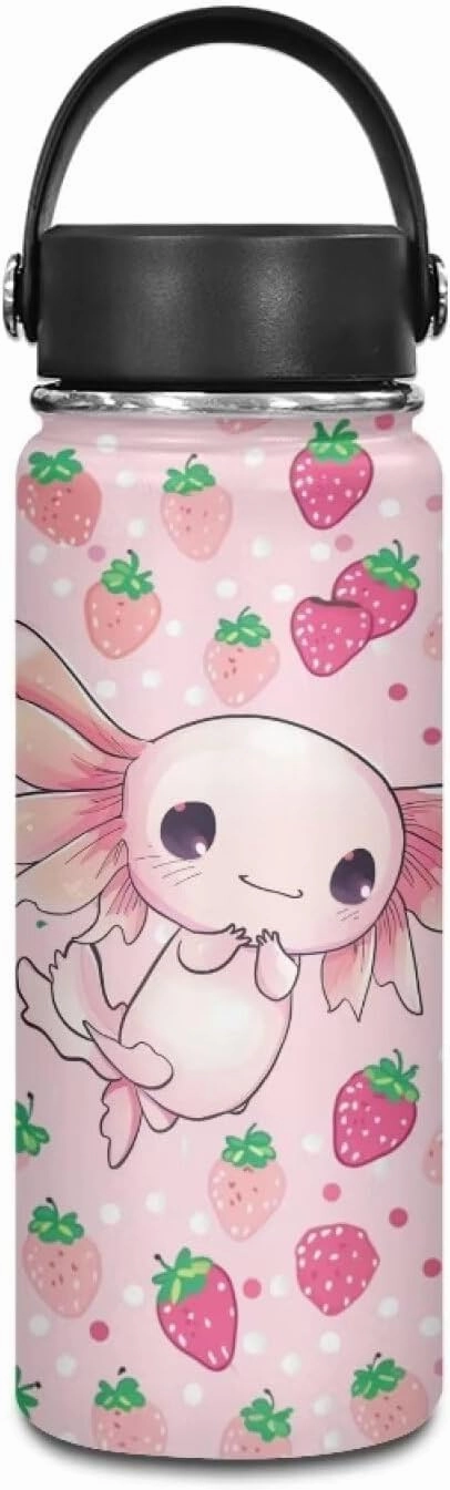 Strawberry Axolotl Insulated Water Bottle for Kids 18 OZ Stainless Steel Water Bottles Reusable Tumbler for Girls Sports Water Cup Flask With Lids Wide Mouth Travel Mug Polka Dot Pink