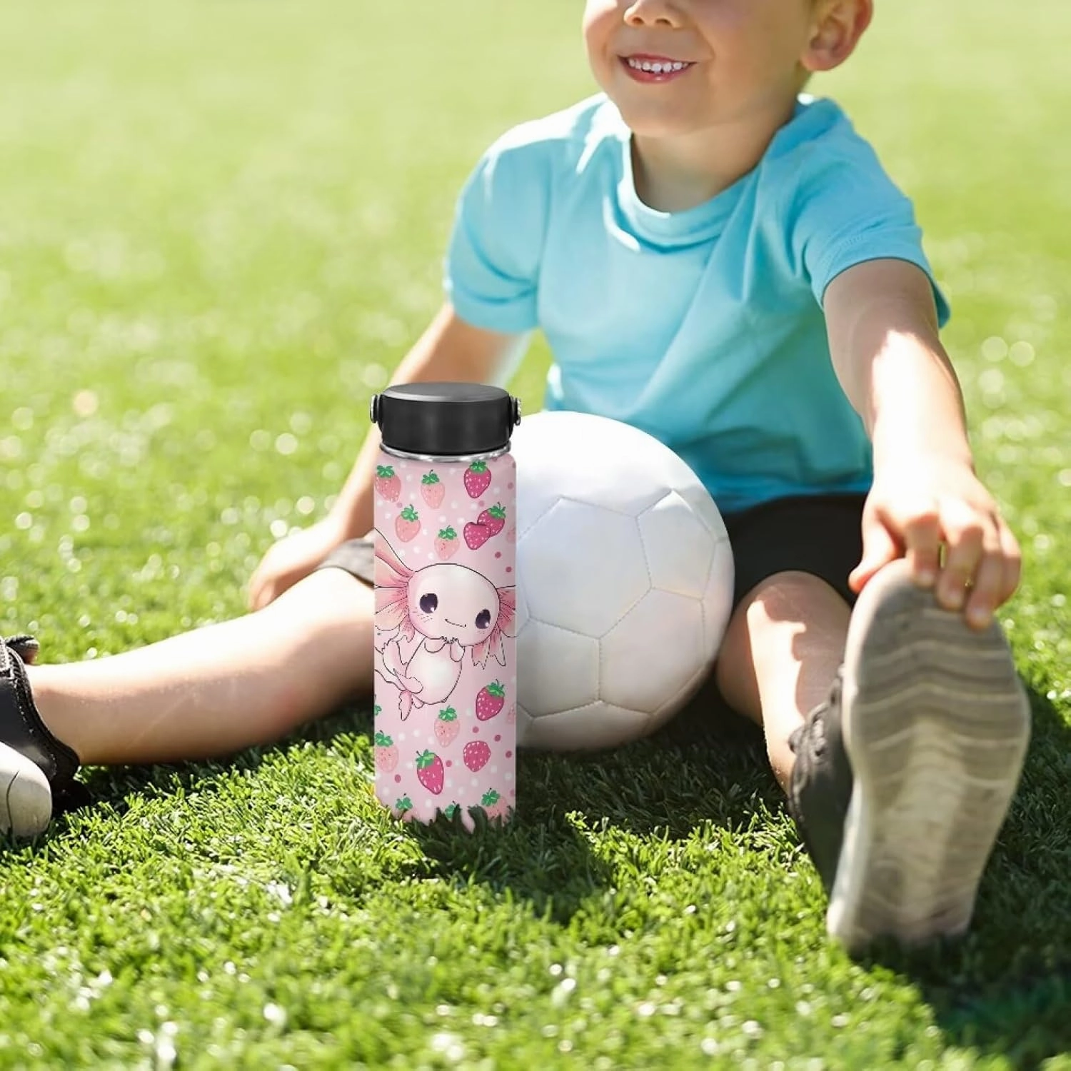 Strawberry Axolotl Insulated Water Bottle for Kids 18 OZ Stainless Steel Water Bottles Reusable Tumbler for Girls Sports Water Cup Flask With Lids Wide Mouth Travel Mug Polka Dot Pink