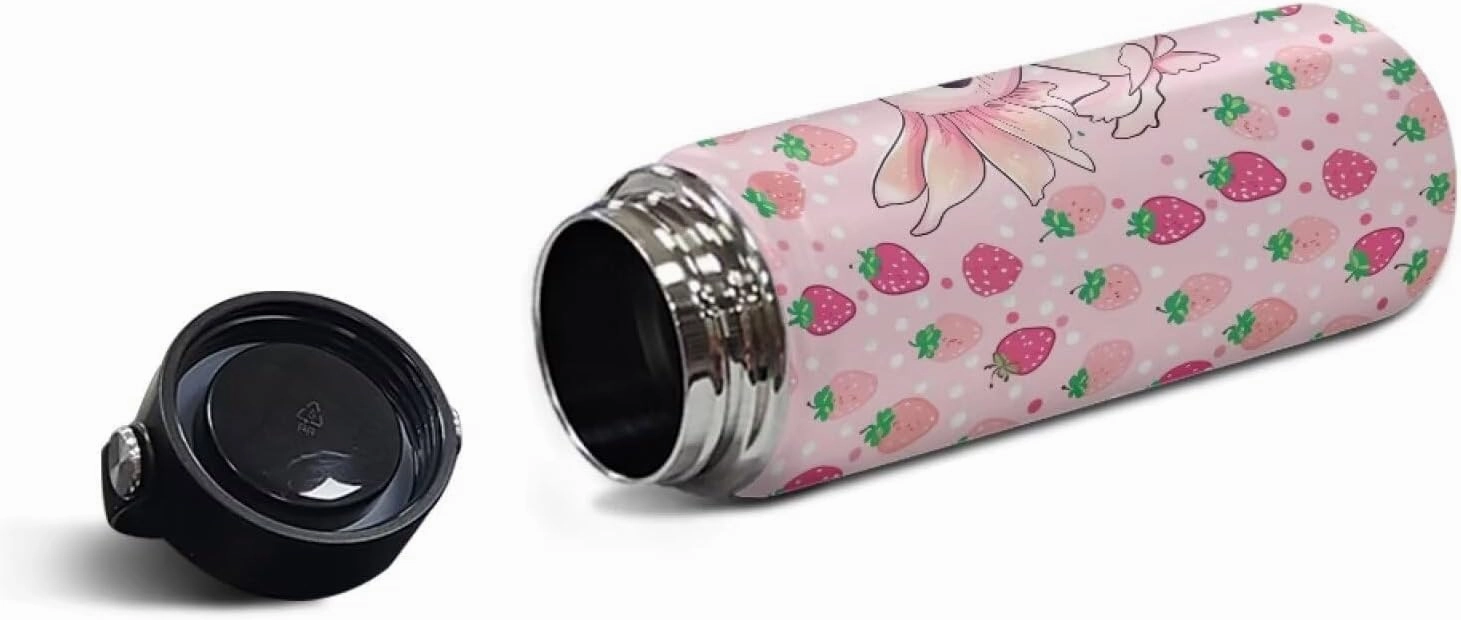Strawberry Axolotl Insulated Water Bottle for Kids 18 OZ Stainless Steel Water Bottles Reusable Tumbler for Girls Sports Water Cup Flask With Lids Wide Mouth Travel Mug Polka Dot Pink