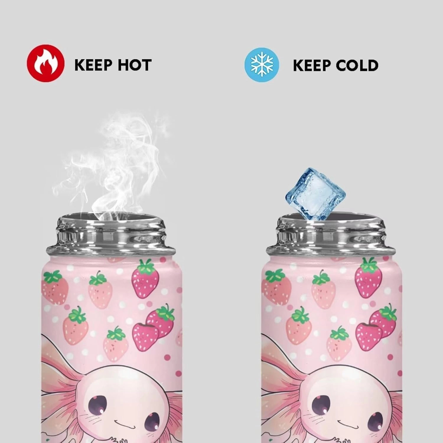 Strawberry Axolotl Insulated Water Bottle for Kids 18 OZ Stainless Steel Water Bottles Reusable Tumbler for Girls Sports Water Cup Flask With Lids Wide Mouth Travel Mug Polka Dot Pink