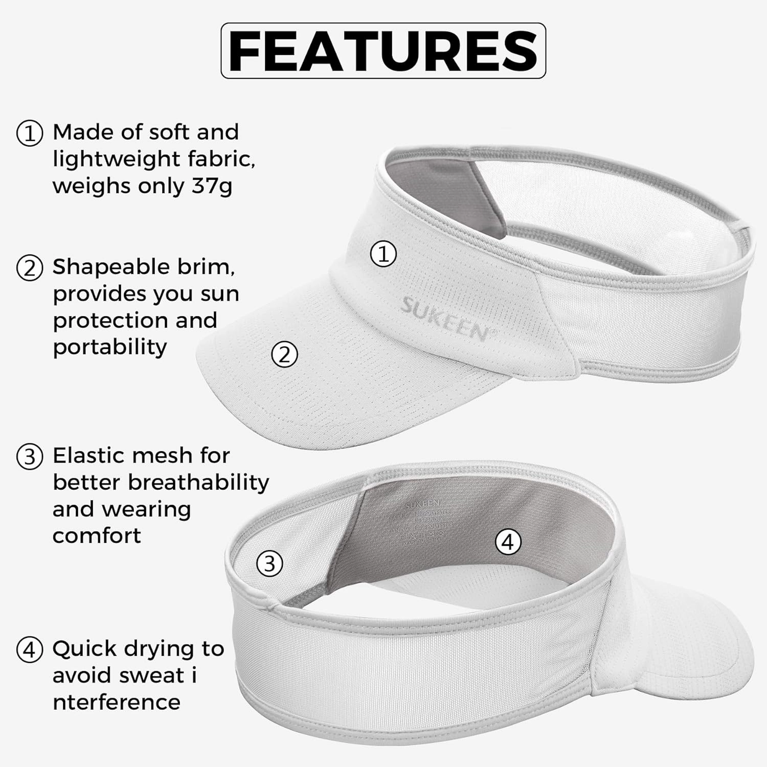 Sukeen 2 Pack Sports Sun Visor Women Men Lightweight Packable Stretchy Visor Hat for Golf, Tennis, Running, Daily Wear