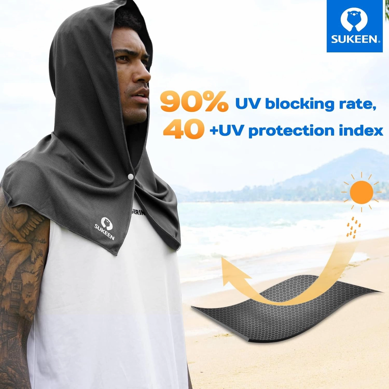 Sukeen Cooling Hoodie Towel, Absorbent Quick-Drying Cooling Towels for Neck and Face, UV Sun Protection Cooling Neck Wraps Sport Head Cooling Towel Hot Weather