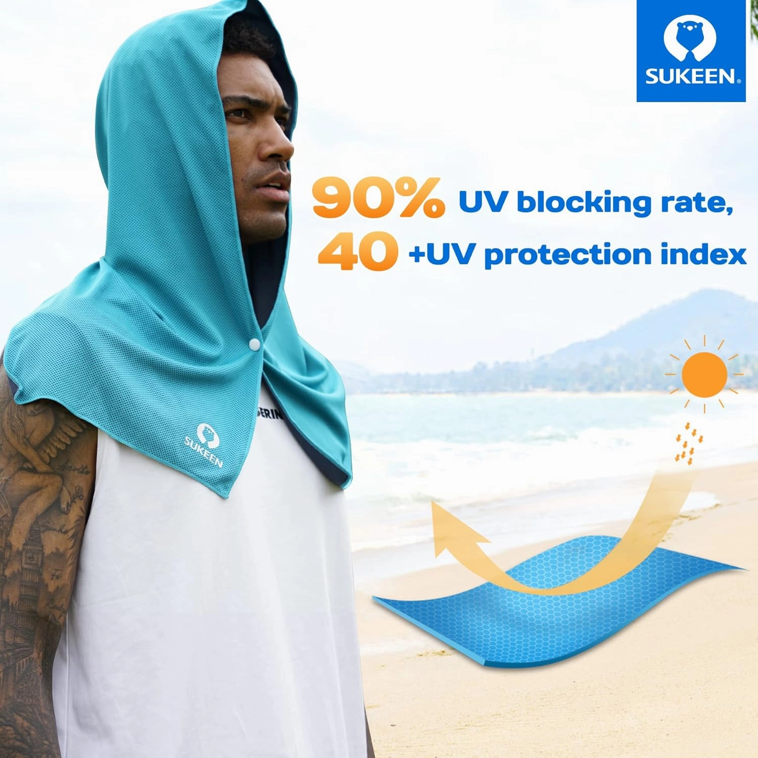 Sukeen Cooling Hoodie Towel, Absorbent Quick-Drying Cooling Towels for Neck and Face, UV Sun Protection Cooling Neck Wraps Sport Head Cooling Towel Hot Weather