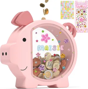 Summidate Pink Piggy Bank Girls, Unbreakable Wooden Piggy Bank for Kids, Cute Personalized Wood Money Bank with DIY Sticker, Creative Saving Money Box Birthday Decor(Patent Pending)