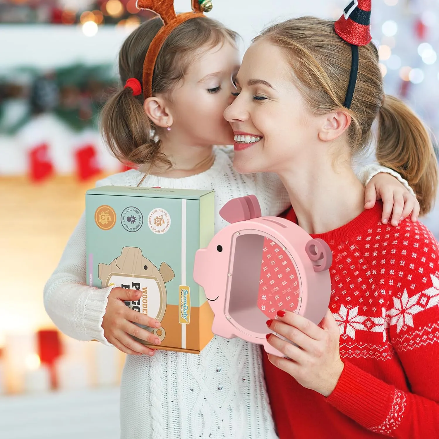 Summidate Pink Piggy Bank Girls, Unbreakable Wooden Piggy Bank for Kids, Cute Personalized Wood Money Bank with DIY Sticker, Creative Saving Money Box Birthday Decor(Patent Pending)