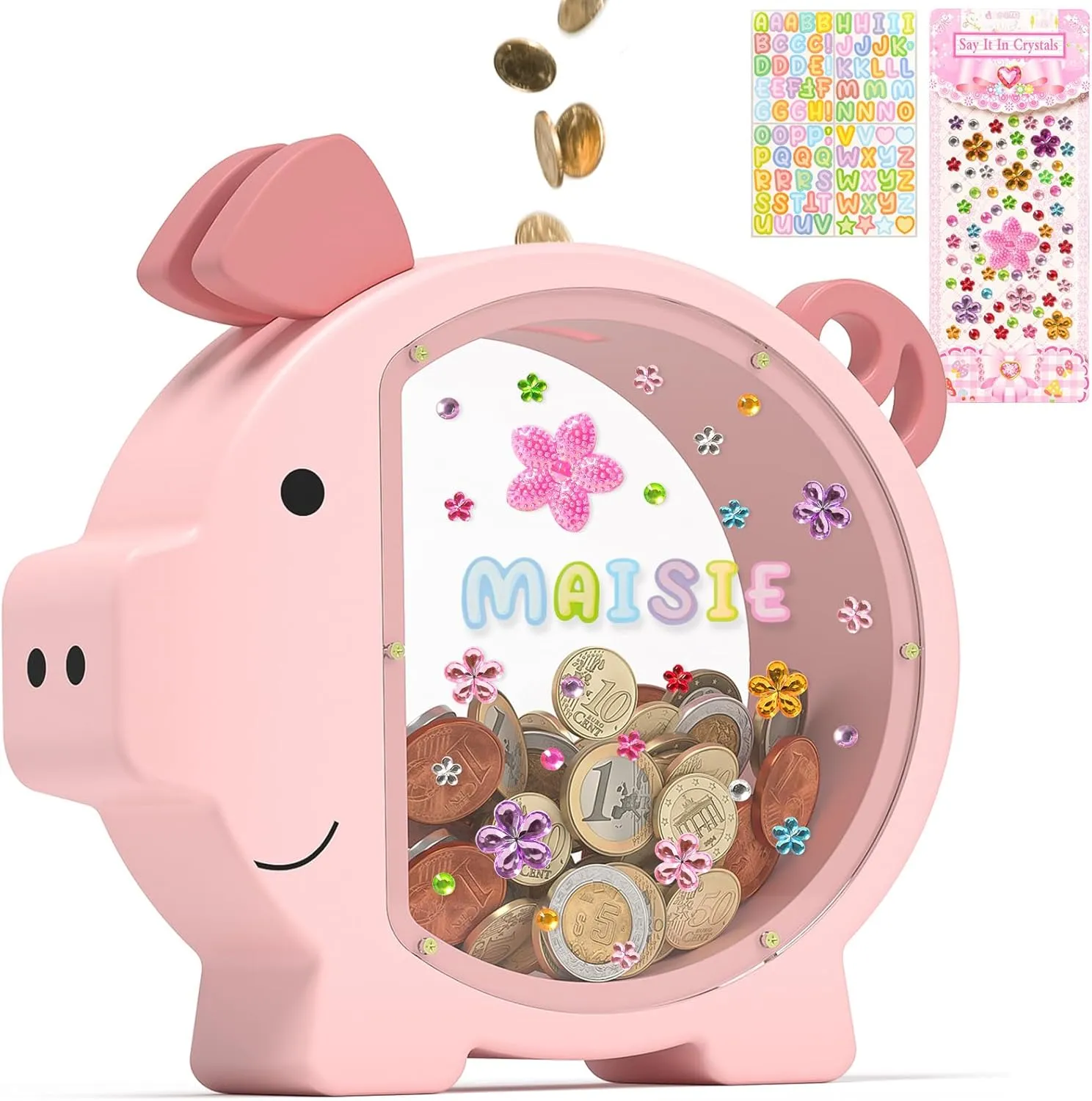 Summidate Pink Piggy Bank Girls, Unbreakable Wooden Piggy Bank for Kids, Cute Personalized Wood Money Bank with DIY Sticker, Creative Saving Money Box Birthday Decor(Patent Pending)