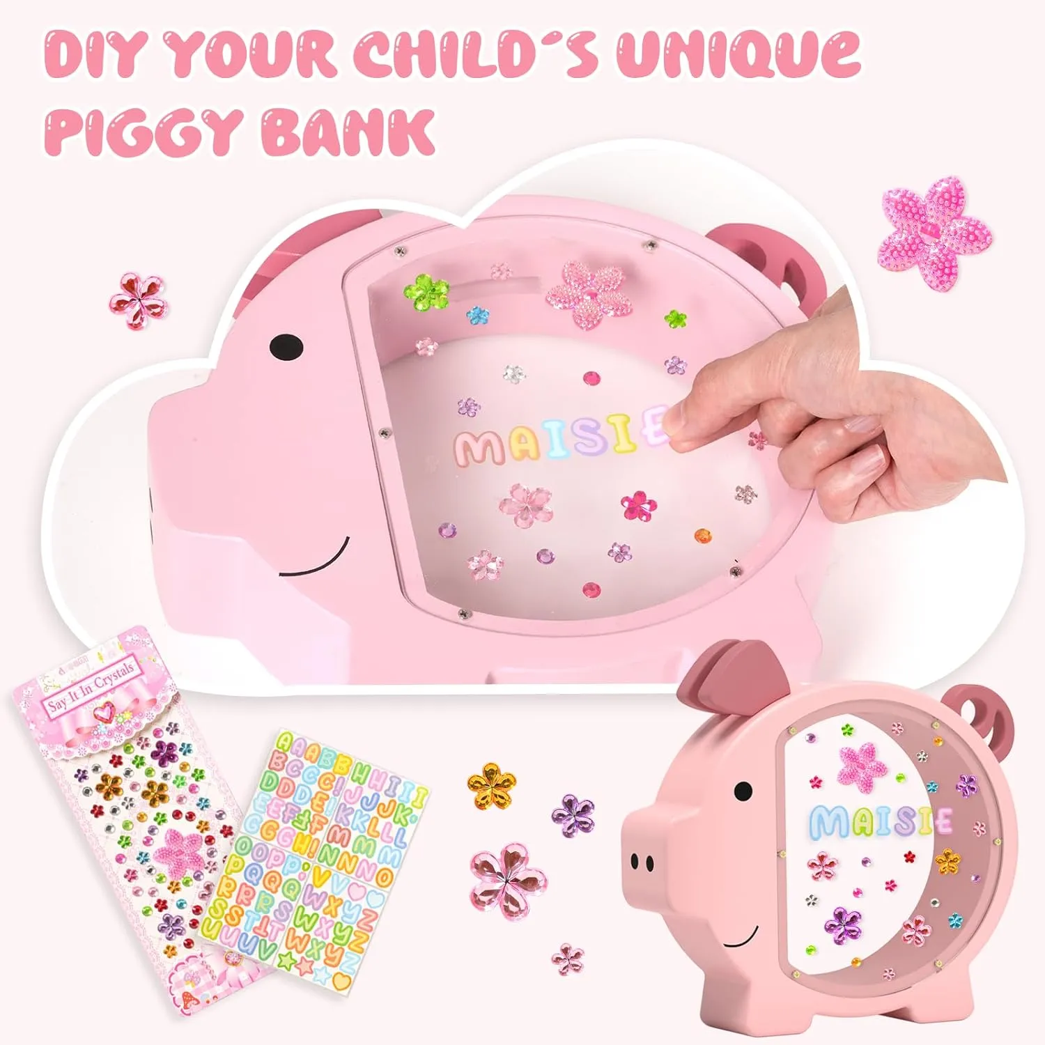 Summidate Pink Piggy Bank Girls, Unbreakable Wooden Piggy Bank for Kids, Cute Personalized Wood Money Bank with DIY Sticker, Creative Saving Money Box Birthday Decor(Patent Pending)