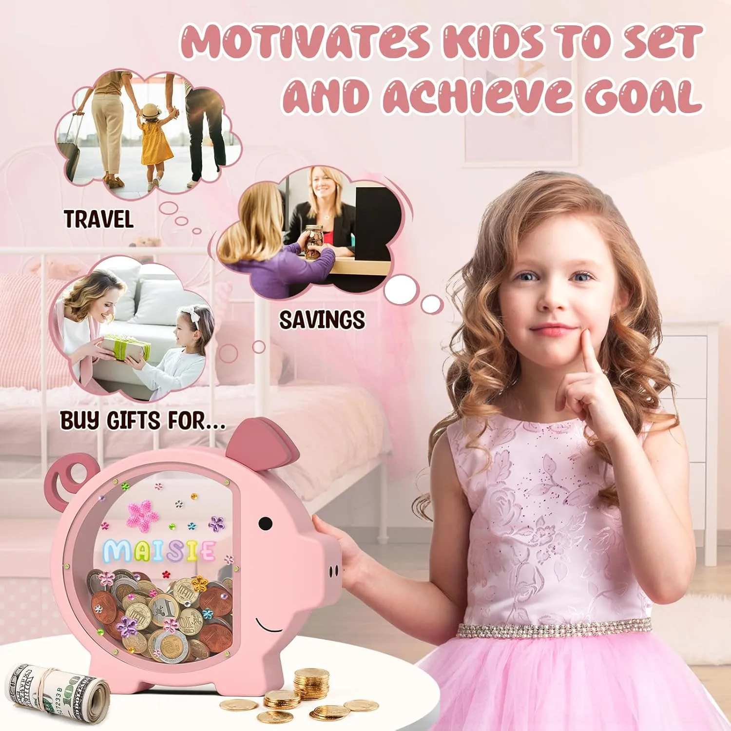 Summidate Pink Piggy Bank Girls, Unbreakable Wooden Piggy Bank for Kids, Cute Personalized Wood Money Bank with DIY Sticker, Creative Saving Money Box Birthday Decor(Patent Pending)