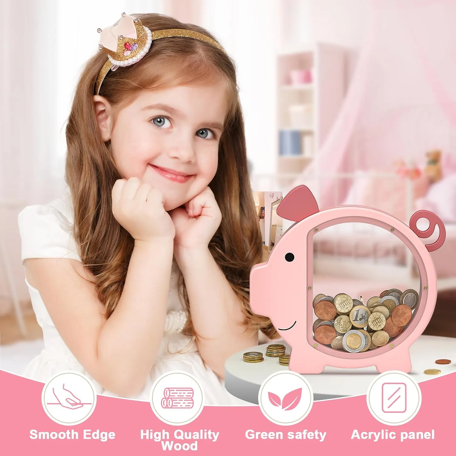 Summidate Pink Piggy Bank Girls, Unbreakable Wooden Piggy Bank for Kids, Cute Personalized Wood Money Bank with DIY Sticker, Creative Saving Money Box Birthday Decor(Patent Pending)