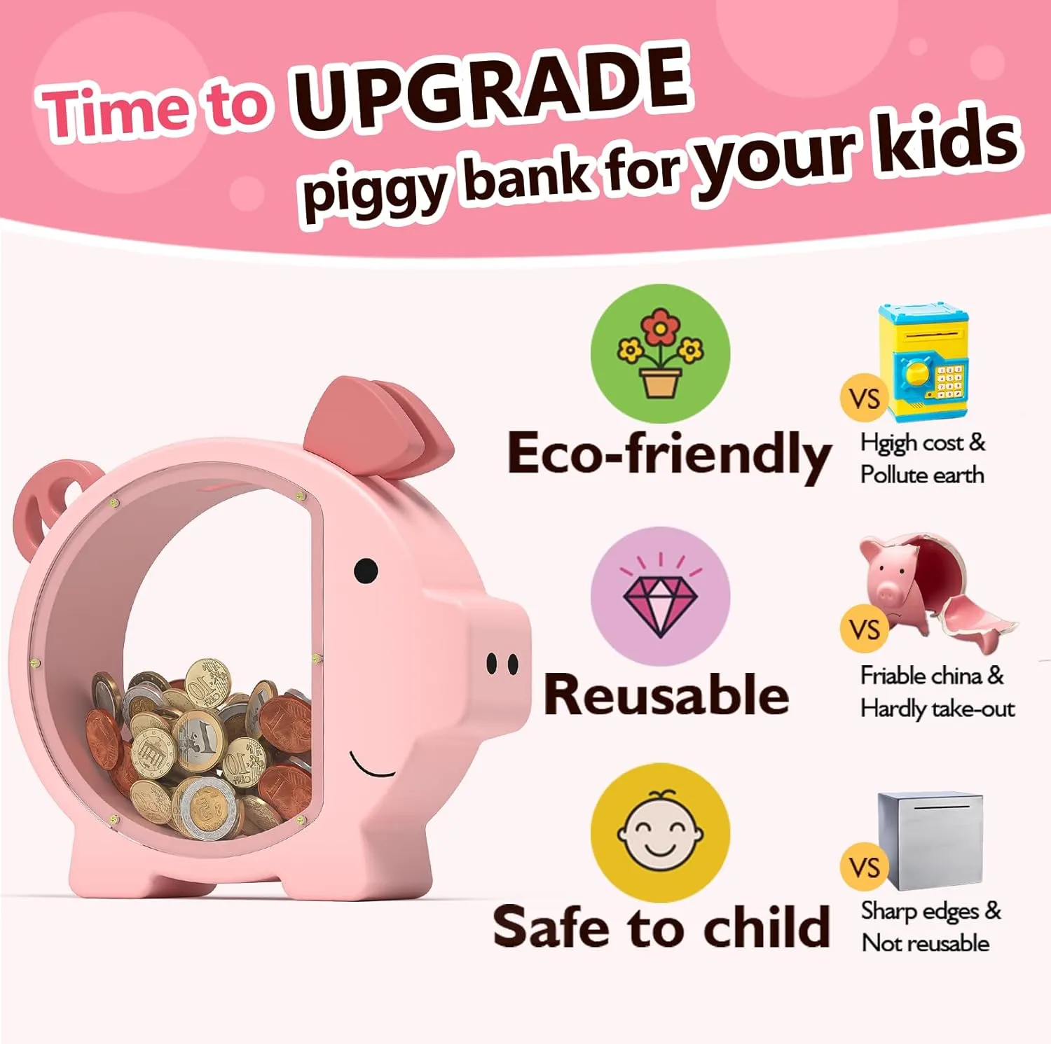 Summidate Pink Piggy Bank Girls, Unbreakable Wooden Piggy Bank for Kids, Cute Personalized Wood Money Bank with DIY Sticker, Creative Saving Money Box Birthday Decor(Patent Pending)