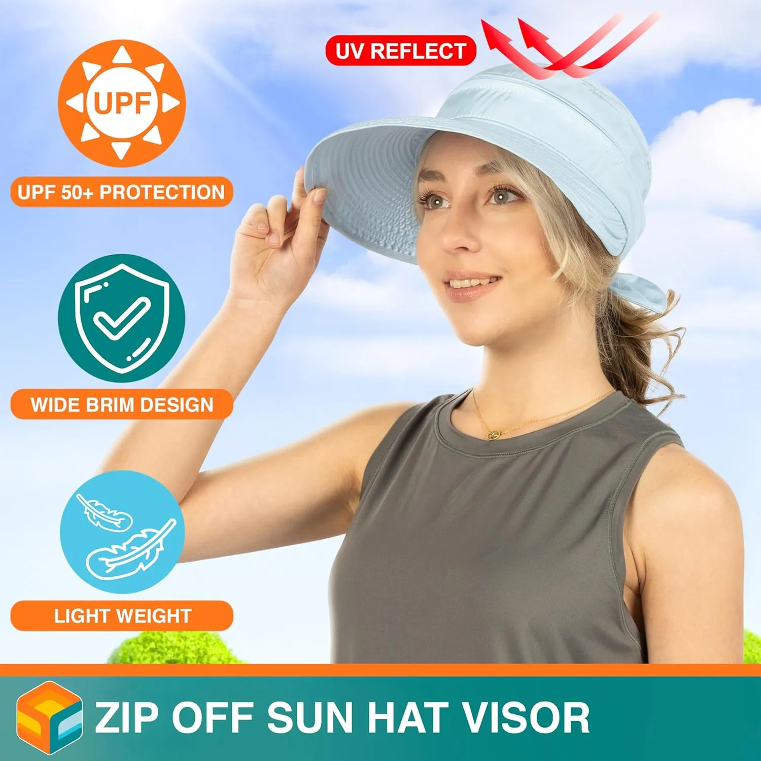 SUN CUBE Women Sun Hat for Outdoor UV Protection, Wide Brim Sun Hat Ponytail, Convertible Zip-Off Beach Hat Visor