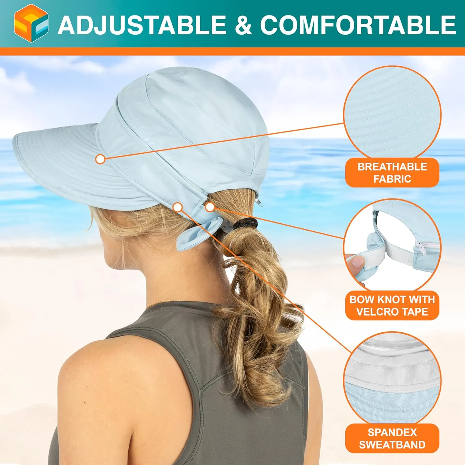 SUN CUBE Women Sun Hat for Outdoor UV Protection, Wide Brim Sun Hat Ponytail, Convertible Zip-Off Beach Hat Visor